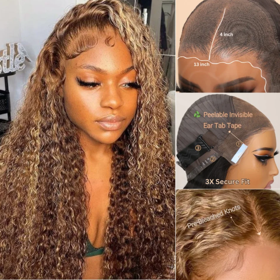 Medus blondi mati ar izcēlumiem, Jerry Curly 13x4 Pre Everything frontālā parūka, cilvēka matu parūkas pirms izplūkšanas sievietēm_voghion.com
