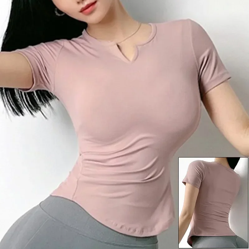 Solid Women Yoga Shirts Sports Crop Tops Gym Padded Tight Training T-shirts Slim Fitness Workout Shirts Quick Dry Running Tops sports t shirt yoga top yoga shirt sports shirt