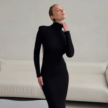 2026 Sexy Backless Black Maxi Dress Women Turtleneck Long Sleeve Bodycon Long Robe Chic Elegant Party Evening Club Vestidos