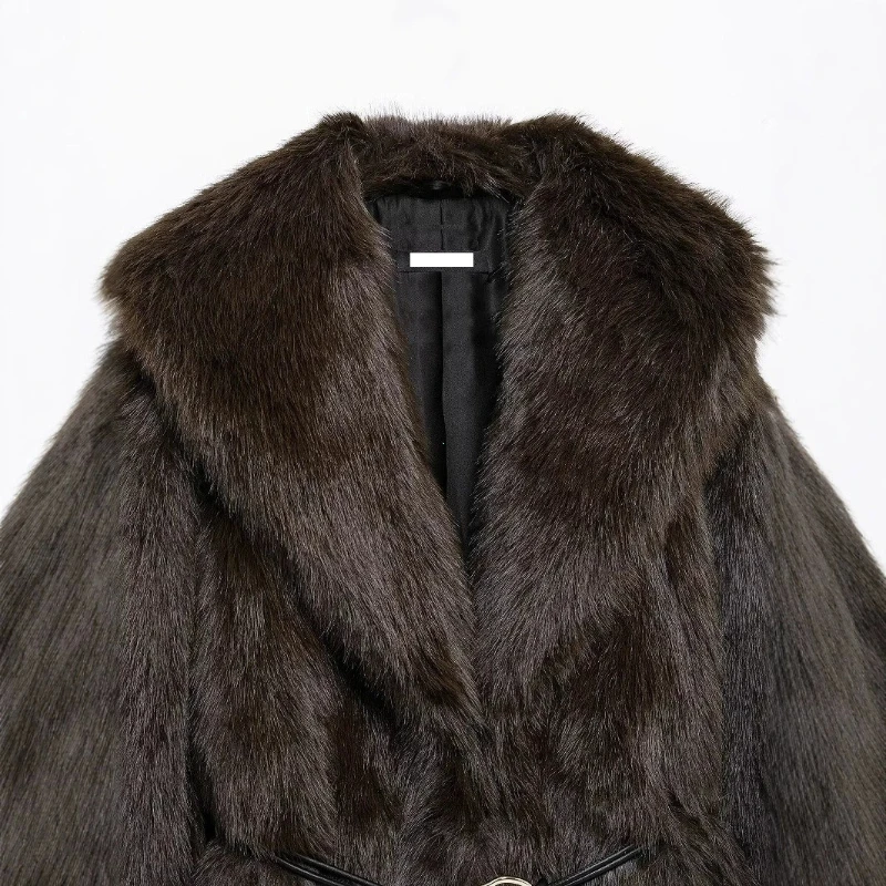2025 Winter Hot Brown Belted Faux Fur Coat Women Thick Warm Long Fox Fur Jacket Chic Brand Fashion Girls Furry Overcoat