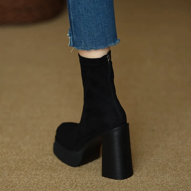 

Женские ботинки до середины икры, однотонные непромокаемые ботинки из флока на высоком массивном каблуке, на молнии, зимняя обувь, 2023