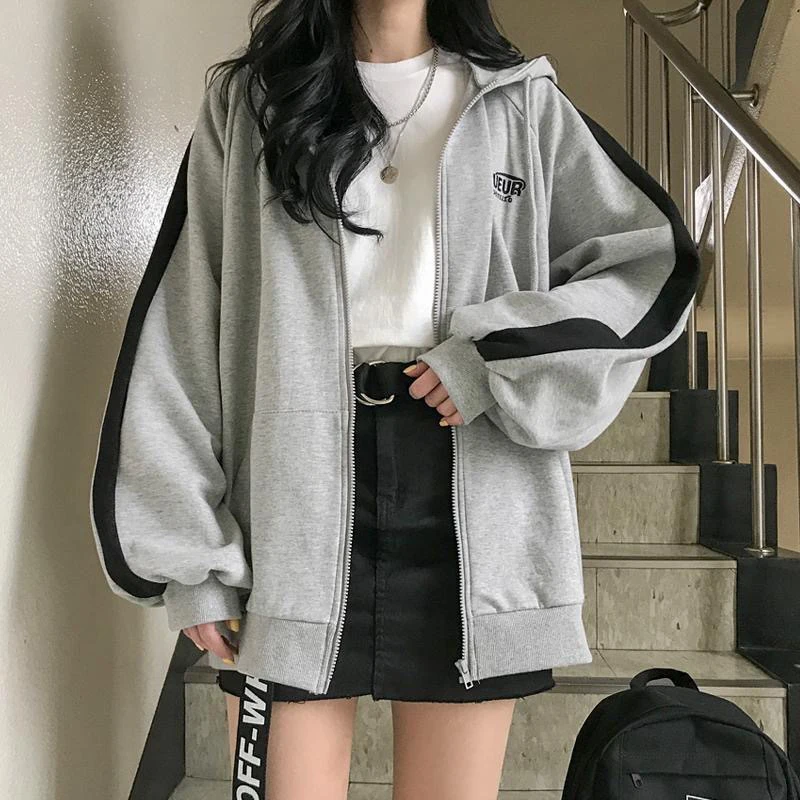 Gris y Negro - Sudadera básica holgada con cremallera y capucha en varios colores para mujer