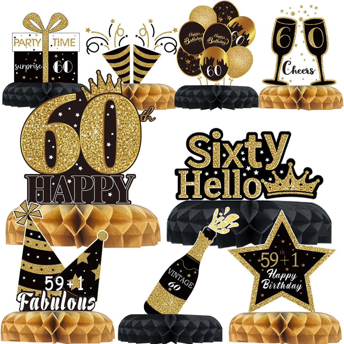 Black Gold Birthday Honeycomb Set Happy 30th 40th 50th Birthday Party Decor Adult 30 40 50 60 70 Year Old BirhdayParty Supplies