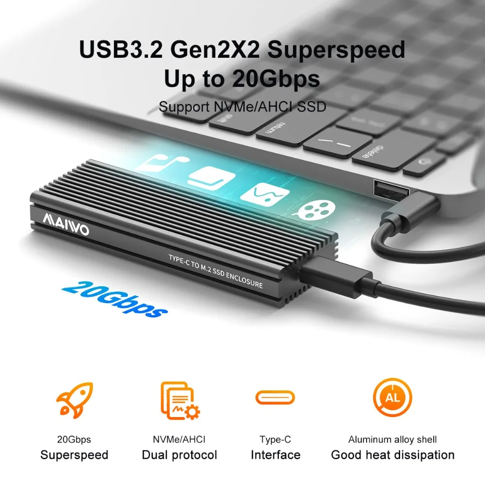 Maiwo-nvme Case Ssd com Colete de Resfriamento Embutido Alumínio Atualizado tipo c Gabinete Ssd m2 Nvme para Unidade de Estado Sólido 20gbps - Imagem 2