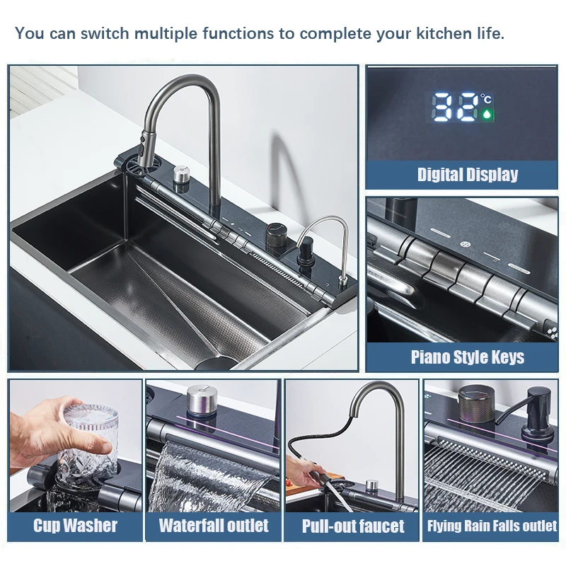 Grey Stainless Steel Waterfall Kitchen Sink Large Single Slot Integrated Digital Display Faucet Set Soap Dispenser Cup Washer 3