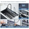 Grey Stainless Steel Waterfall Kitchen Sink Large Single Slot Integrated Digital Display Faucet Set Soap Dispenser Cup Washer 3