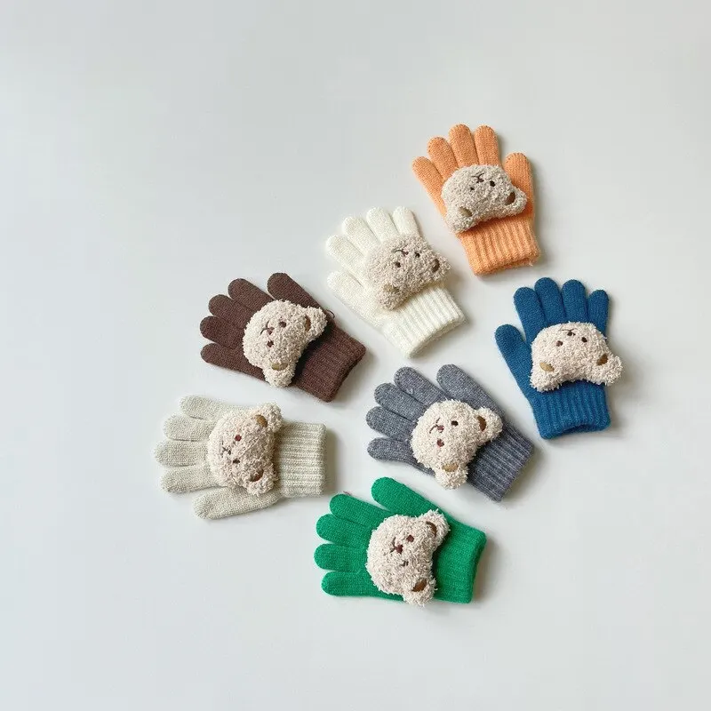 Cartoon Bear Baby Knitted Gloves Autumn Winter Warm Full Finger Mittens for Boys Girls Solid Color Soft Comfortable Cute Childre