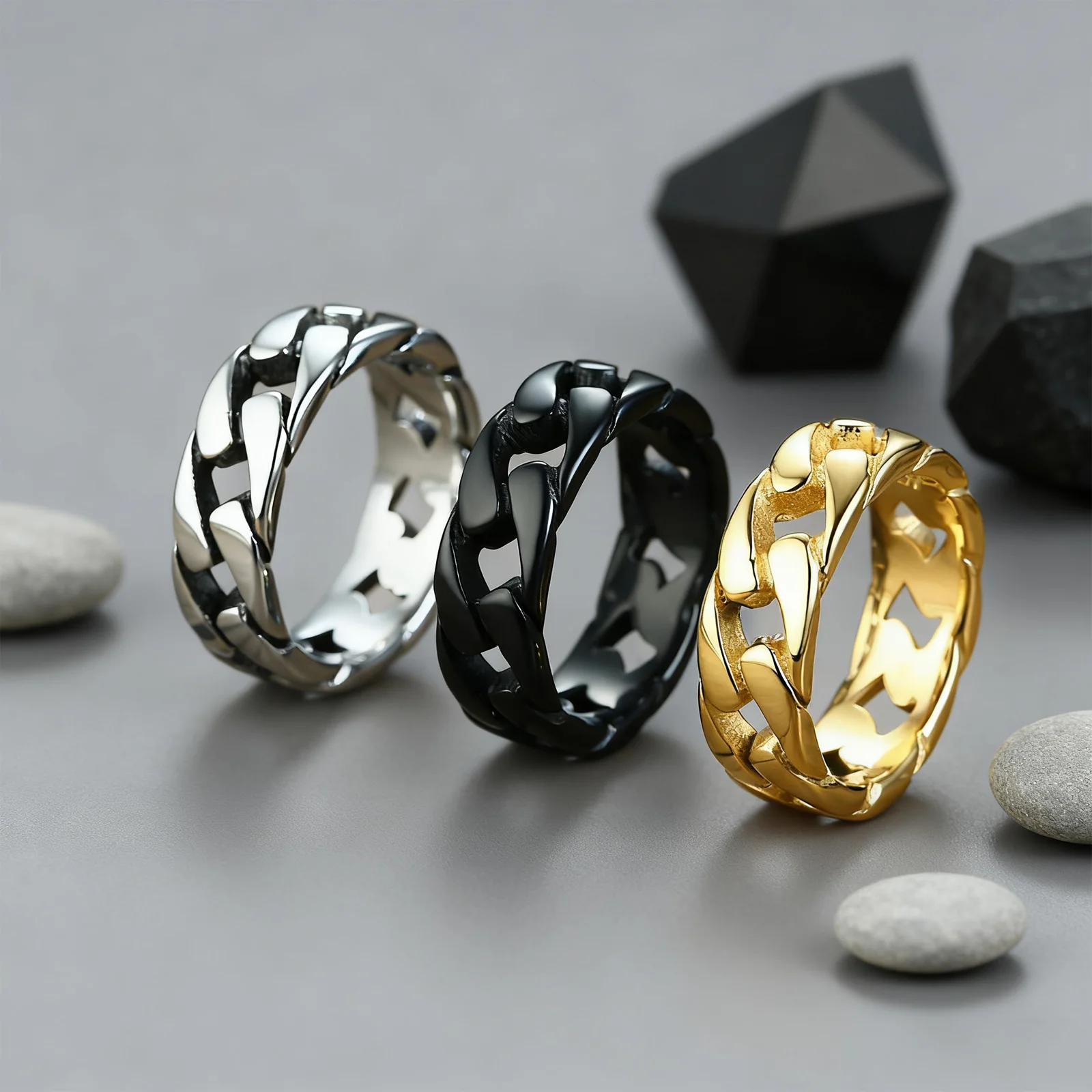 Stainless Steel Ring, Finger Ring 7MM Stainless Steel Ring for Men Boys Hollow Hard Curb Link Chain Biker Ring Bands Ring Jewelry Gifts