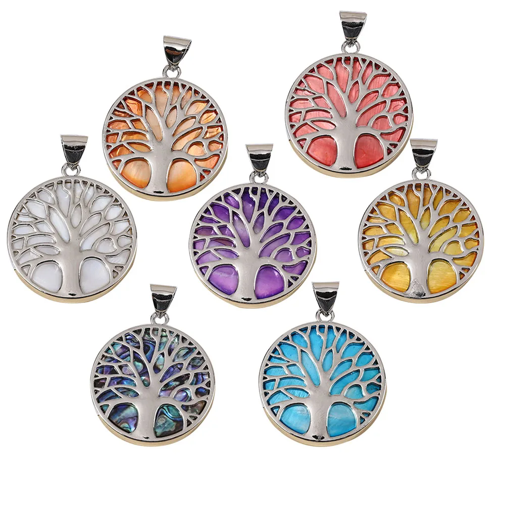 

Alloy Tree of Life Pendant Nature Shell Dyed Charm Necklaces for Women Jewelry Bag Keychain Accessories Amulet Gifts