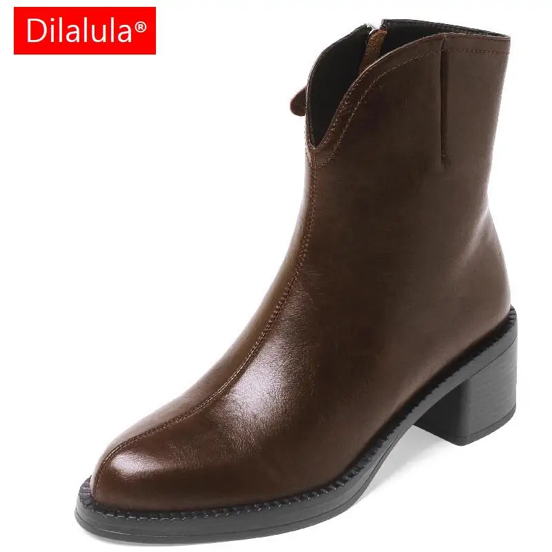 

Женские ботильоны Dilalula для осени и зимы, офисные повседневные ботинки на толстом каблуке с острым носком, женские ботинки в стиле ретро из натуральной кожи в западном стиле