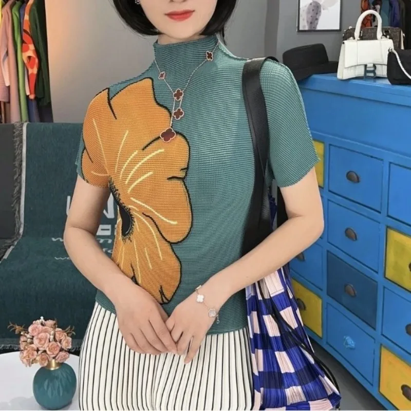 Léto nový dámská půl vysoký krk pulovr móda zaměnit color-blocked plisované kvést štíhlý elastická krátký rukáv trička topy