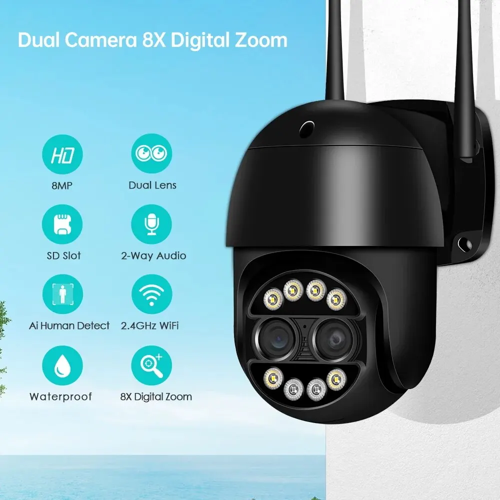 8MP 4K 8x Hybrid Zoom 2.8+12mm Dual Lens PTZ IP Camera WiFi Human Detection 4MP Audio Security Video Surveillance Camera security camera