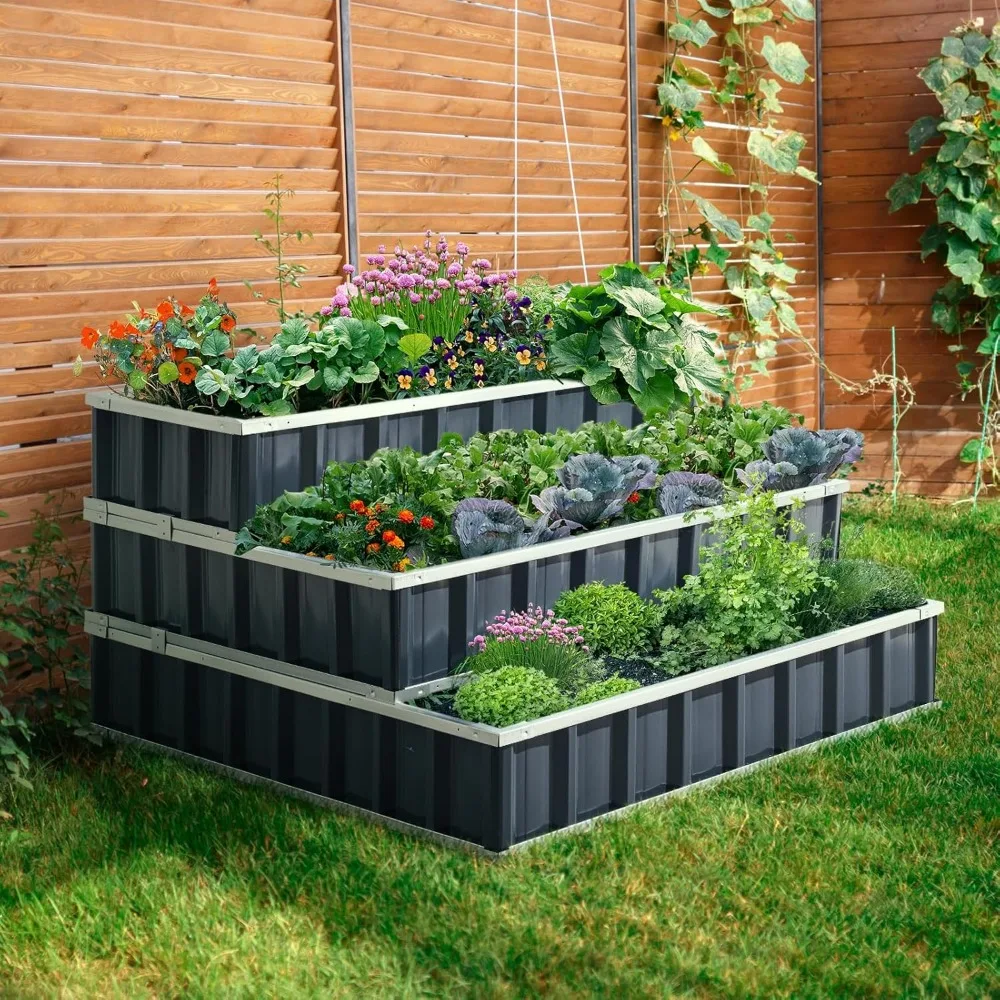 3 Tiers Raised Garden Bed Dismountable Frame Galvanized Steel Metal Patio Garden Elevated Planter Box 46" x 46" x 23.6" 2