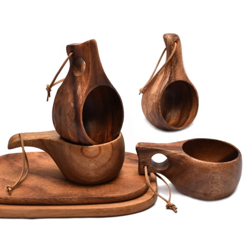 Kuksa 휴대용 커피 머그잔, 아카시아 나무 손잡이, 소가죽 로프 후크, 주스 우유 컵, 커피 마시는 컵, 음료용기