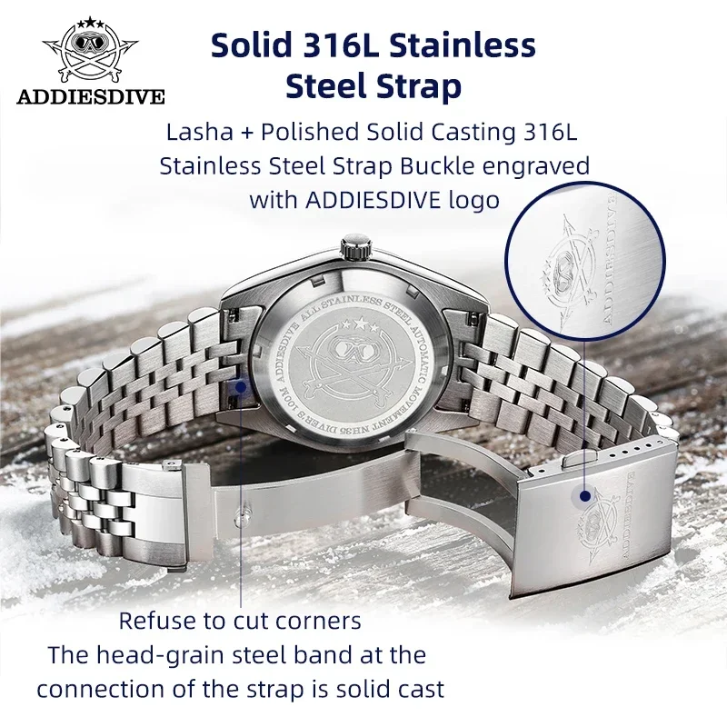 ADDIESDIVE 39mm Stainless Steel Dive Automatic Watch Business NH35A Sport Mechanical Watches Wave Dial WristWatches Reloj Hombre