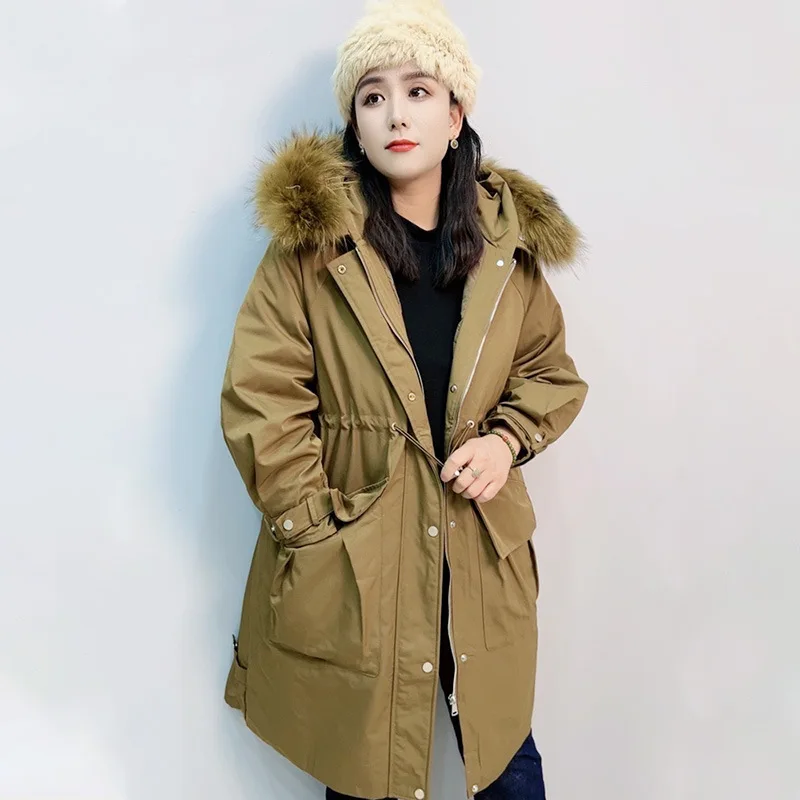 2023 winter Real fur large size down jacket women loose warm big collar X-long hooded coat parka outdoor white duck down jacket