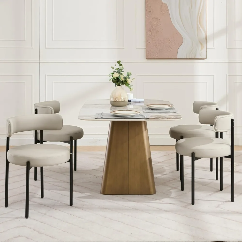 Faux Leather Dining Chairs Set of 4, Upholstered Kitchen and Dining Room Chairs, Mid-Century Modern Dining Chairs with Round Bac