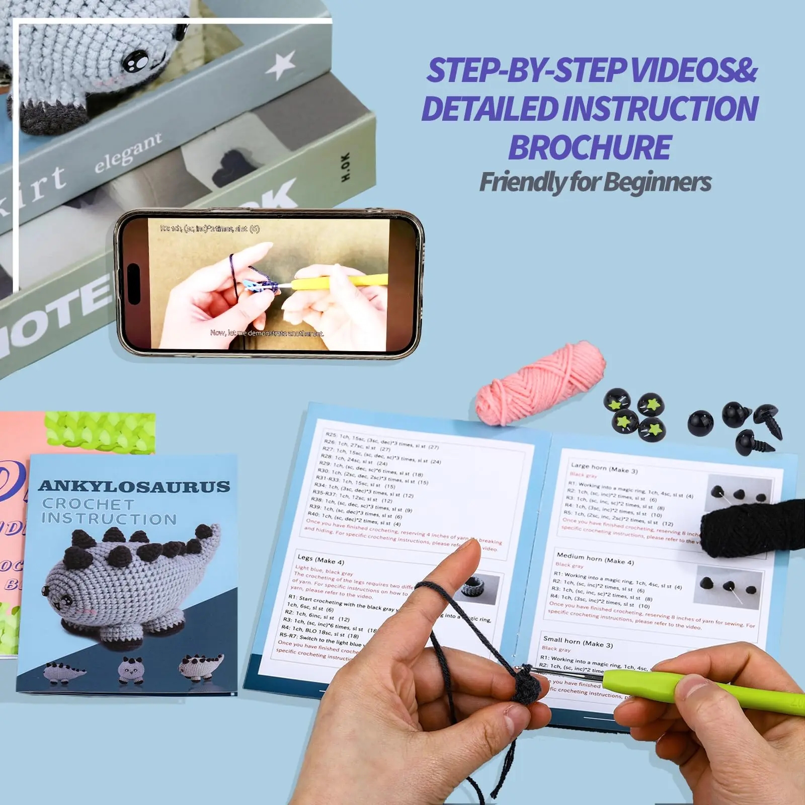 Dinosaur Crochet Kit for Beginners,Crocheting Starter Knitting Kit with Step-by-Step Instructions and Video Tutorials