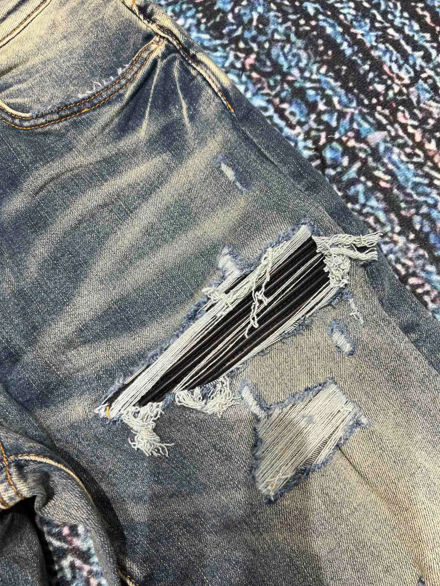 men retro leather patchwork skinny distressed jeans 3