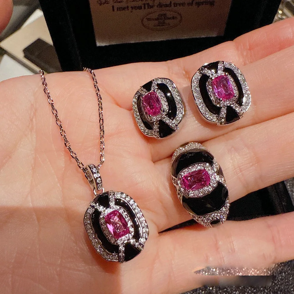 Women 2024 Rupee Onyx Gemstone Ring Vintage Honeycomb Rouge Pink Zirconia Necklace Earrings 1