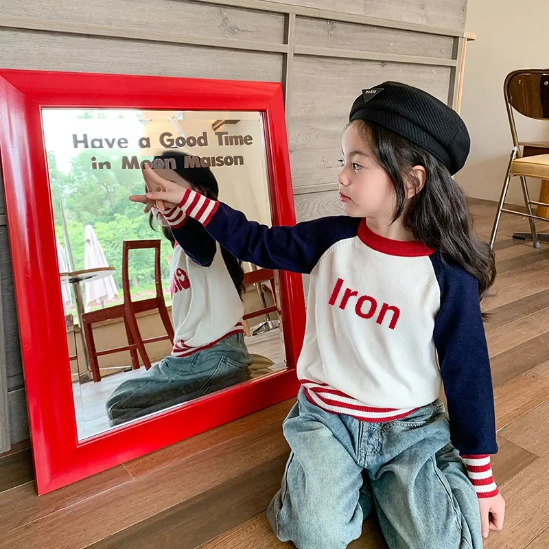 어린이용 한국 스타일 레터 컬러 블로킹 스웨터, 용수철 가을, 어린이용 어깨 블록 니트 탑, 라운드넥, 트렌디