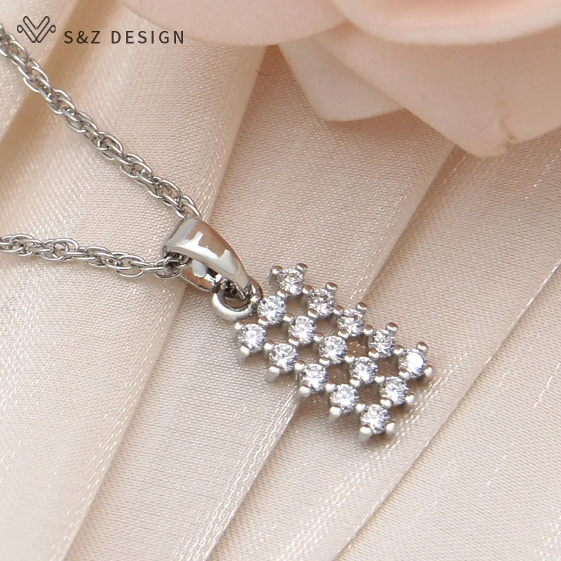 S&Z DESIGN New Fashion Rectangle Cute Round Cubic Zirconia Dangle Earrings Jewelry Sets For Women 585 Rose Gold Color Necklace