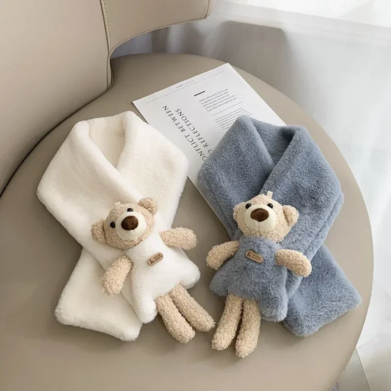 Cute Bear Scarf Children's Imitation Rabbit Fur Thickened Scarf Boys and Girls Winter Plus Velvet Baby Warm Scarves