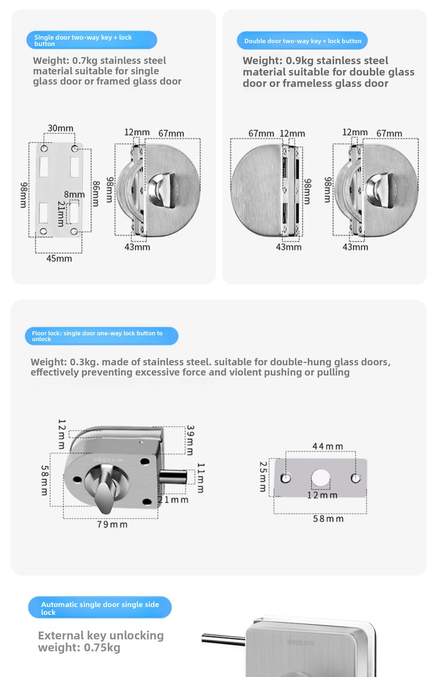 No-Drill 304 Stainless Steel Glass Door Lock Single/Double Door for Tempered Sli