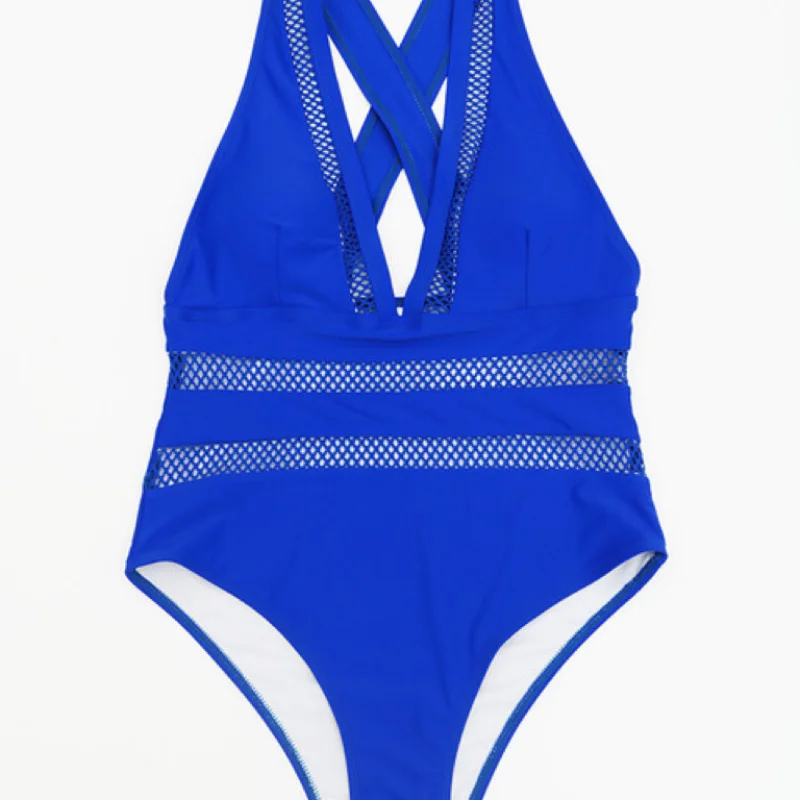 One Piece Swimsuit Mesh Gauze European American Women's Slimming Seaside Conservative Sexy Deep V Solid Color Swimsuit