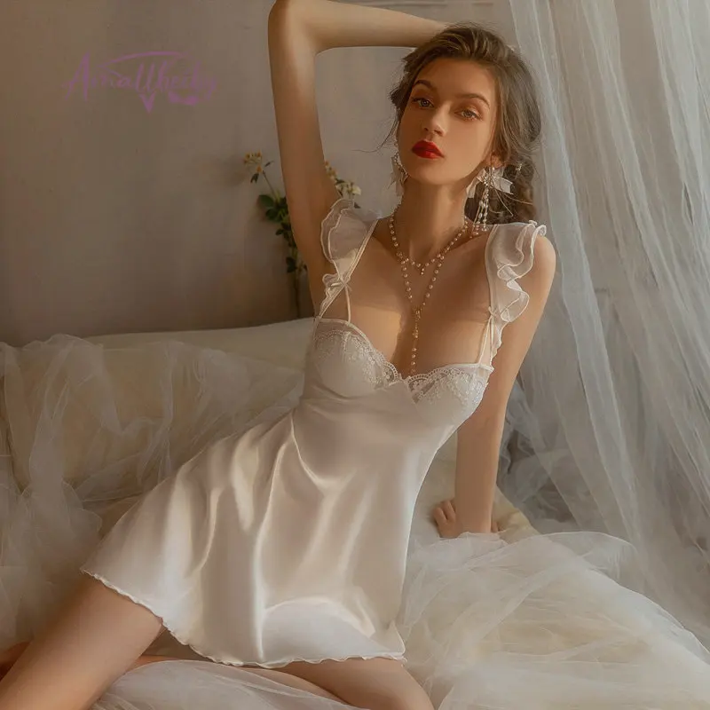 Beauty Back Nightdress Women's Sleepwear Sexy Lingerie Ice Silk Satin Deep V Pajamas Nighties Nightwear Nightshirt Home Clothes