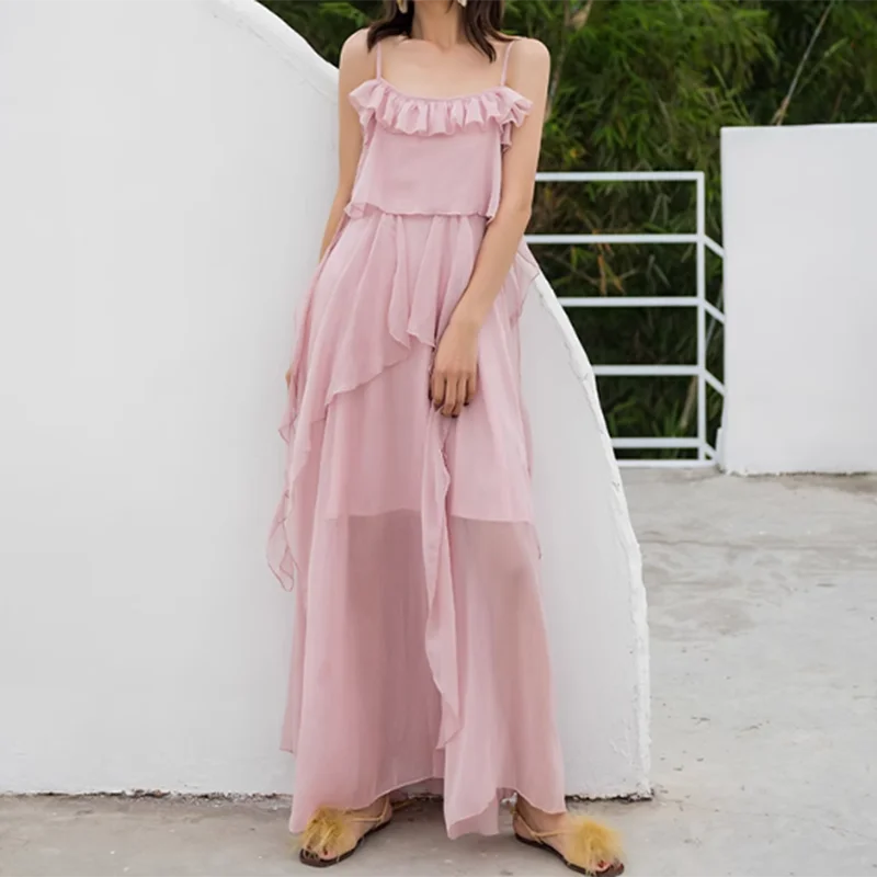 

Chiffon Beach Dress Women 2023 Summer Dress Spaghetti Strap maxi dresses Sexy Off Shoulder Bohemian Style Sleeveless Dresses