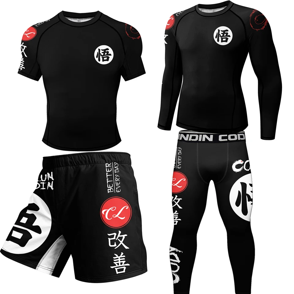 Sports Apparel Mens T Shirt Kimono Jiu Jitsu Mma T-shirt+Pant Rashguard For Men 4Pcs/Suits Muay thai MMA Shorts Bjj Gi Rash guard Boxing Jerseys Sportsuit