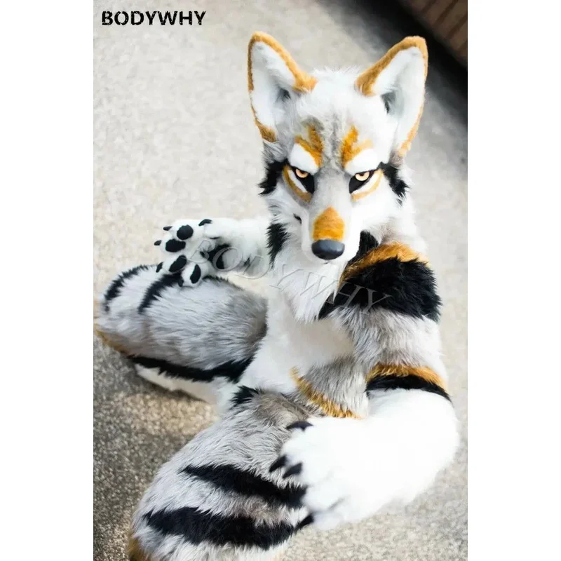 XT8Long Fur Furry Husky Dog Fox Mascot Costume Wolf Cospaly Party Fursuit Halloween Suit Cosplay Adult Size@XT6！
