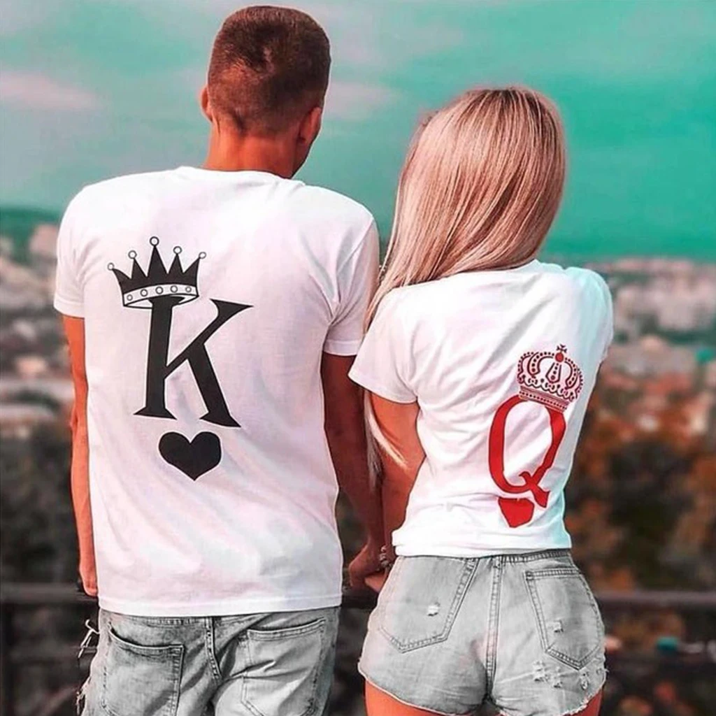 

Seeyoushy Couple Women T Shirt King and Queen Print Funny Femme Tshirt Casual Short Sleeve Cute Valentine Tee Tops Woman Clothes