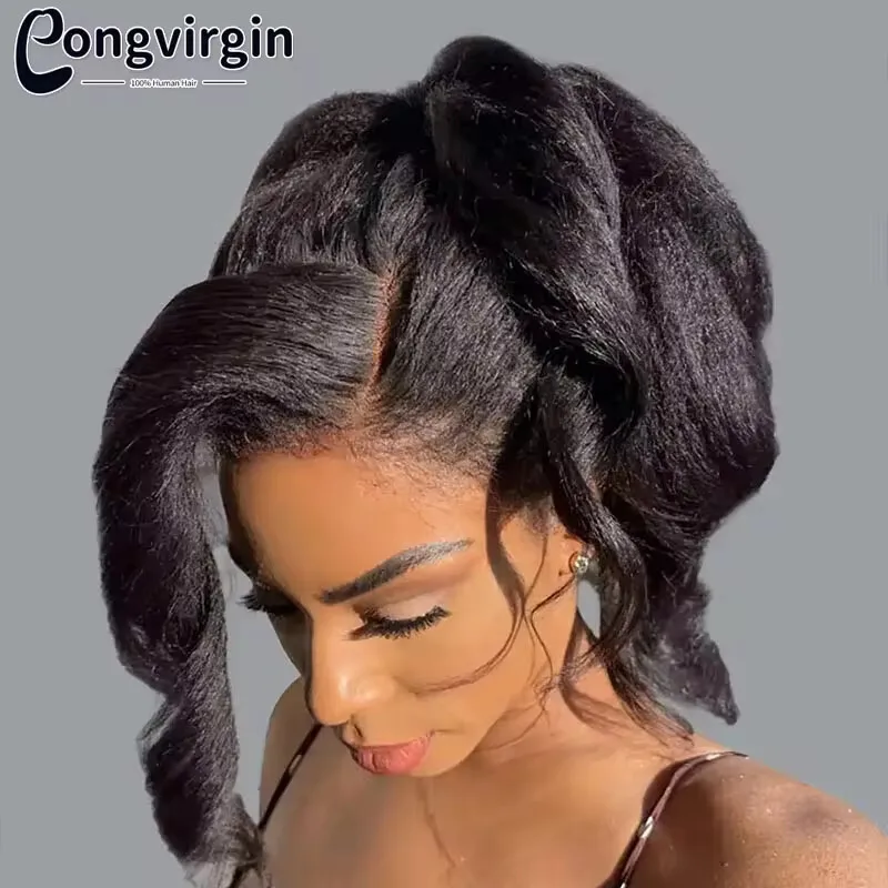 Kinky Straight Human Hair Wig 360 Full HD Lace Frontal Wigs 250% Yaki Straight Human Hair Wig 30 38 Inches High Ponytail