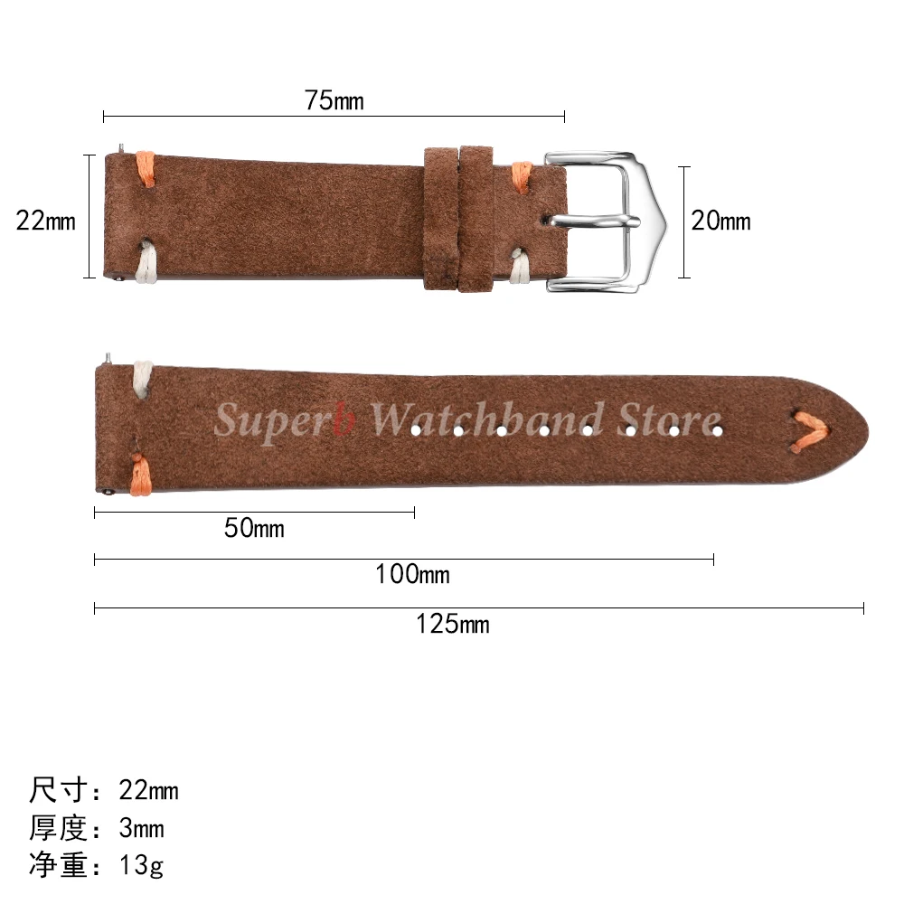 Vintage Suede Leather Watch Strap with Handmade Stitching – Soft and Universal Replacement Wristband