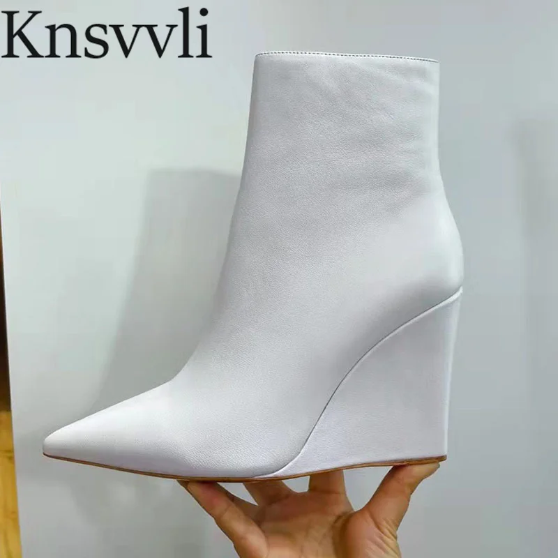 

Sexy Wedge Heels Ankle Boots Women Pointed Toe Runway Shoes Woman Black White Genuine Leather High Heels Short Boots Woman