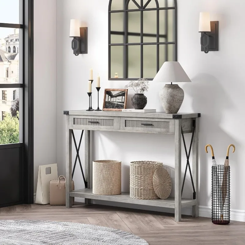 Farmhouse entrance table, grey control table with rattan drawers, 43 "sofa table with storage 3