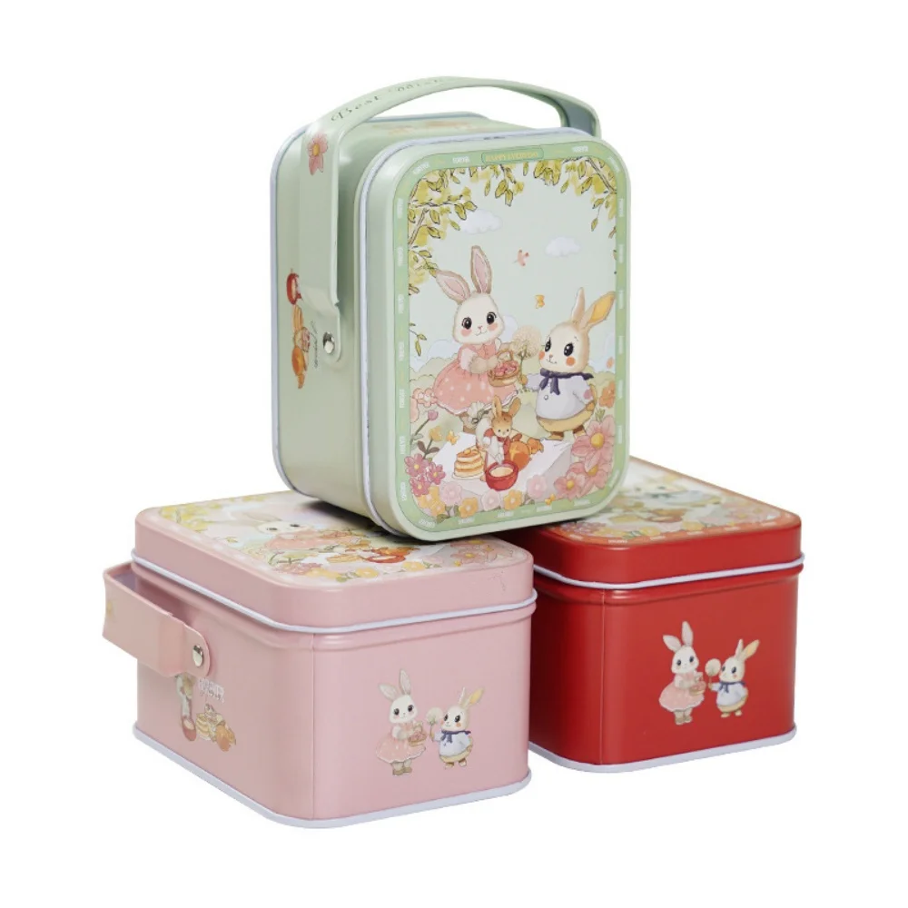 Quadratische Pralinenschachtel mit tragbarem Griff, handbemalte Kaninchen-Blechbox, Keksschmuck, Geschenkverpackung für Hochzeit, Ostern, Party – Detail 10