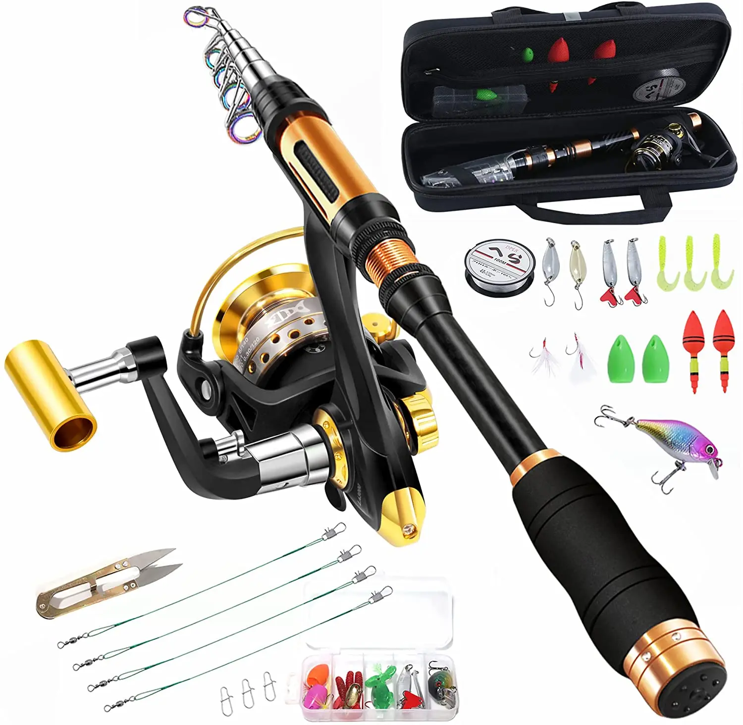 

BNTTEAM 99% Carbon Telescopic Fishing Rod Spinning Reel Combo Set with Line Lures Kit Bag for Kids Men Women Beginners