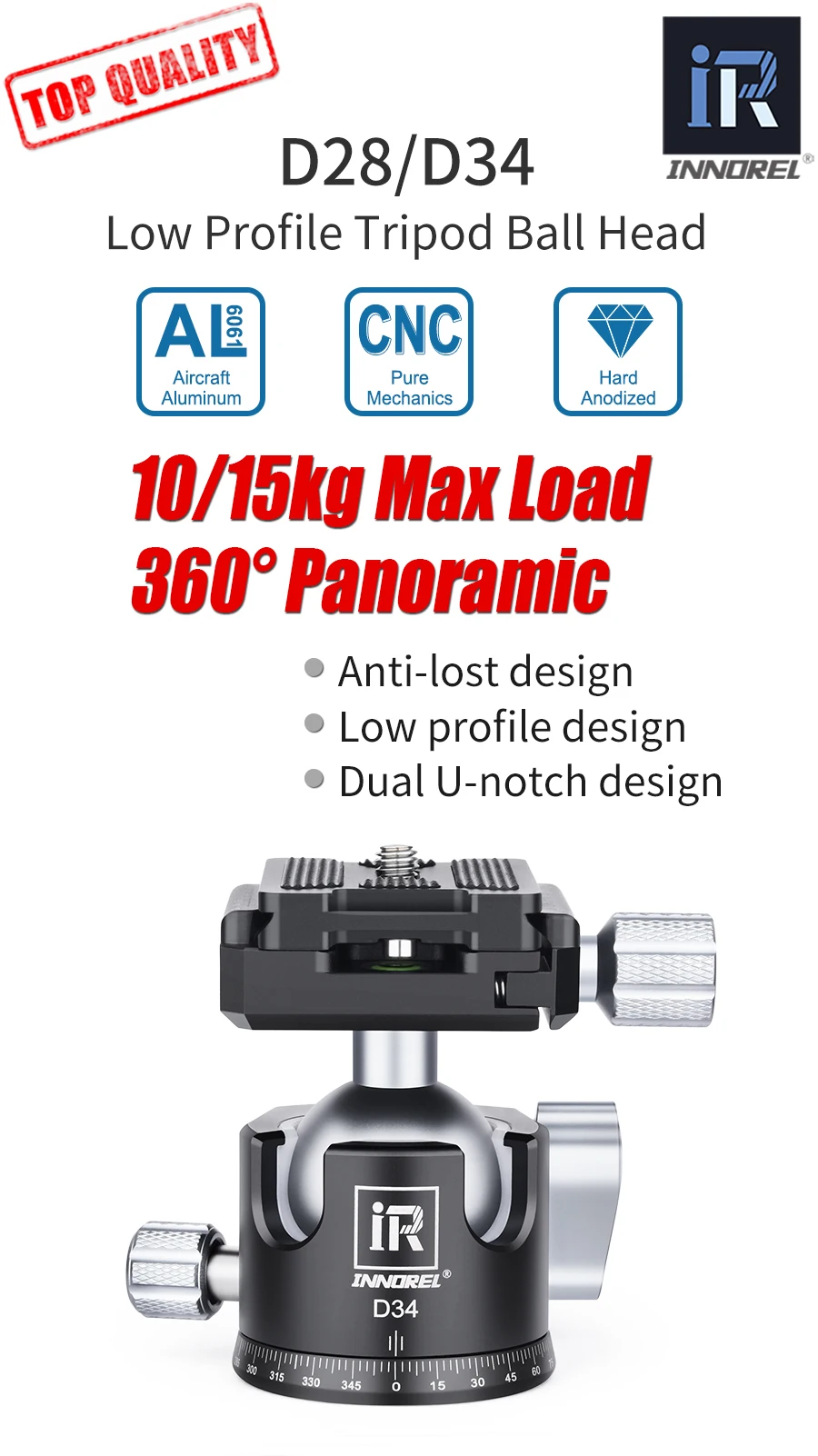 Description Picture 2 of itemINNOREL Professional Tripod Ball Head Low Gravity Center 360 Panoramic CNC 28mm/34mm Ball for Tripod monopod Load 10kg/15kg