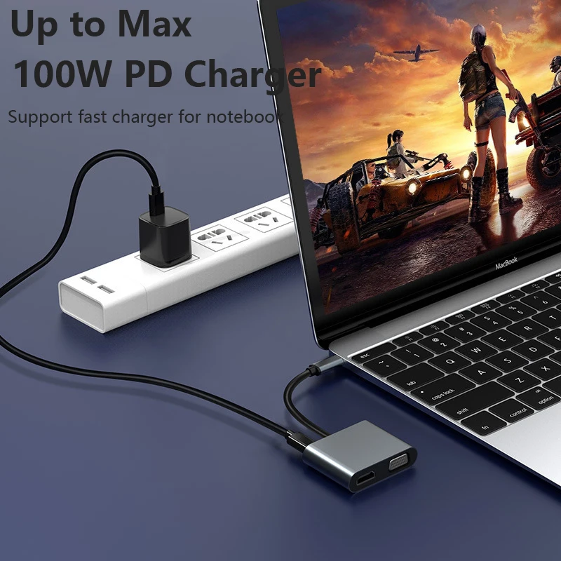 Tebe USB-C Hub 4 IN 1 Type-c to 4K HDMI-adapter VGA USB 3.0 Splitter with 100W PD Fast Charging for Macbook Dell Lenovo Huawei 5