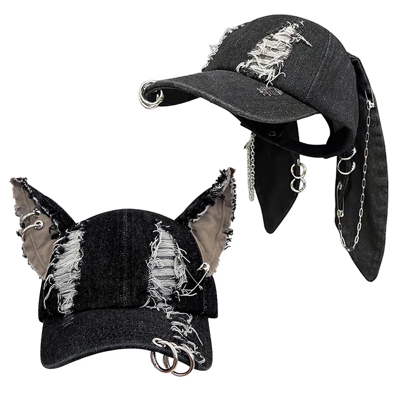 Y2k Iron Ring Trucker Hat Cat Ear Baseball Cap Women Caps Distressed Denim Grunge Aesthetic Hat,Hat With Ears Adjustable Ripped Denim Cat Ear (Doberman Pinscher) At Women's Clothing Store