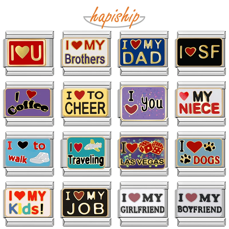Hapiship 2024 mujer I Love Dad Mom You Dog dijes italianos cuentas de eslabones aptas para pulsera de acero inoxidable de 9mm DIYJewelry regalo ZH024