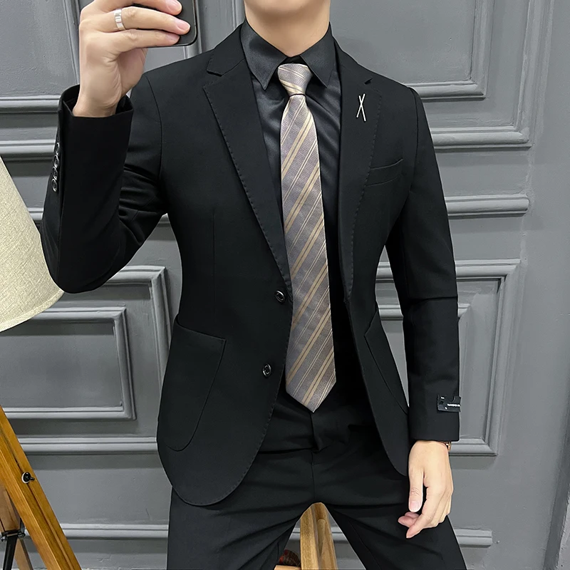 Men's Autumn Winter Chunky Two-Button Formal Two-Piece Set Business Fashion Suit plus Trousers High Quality