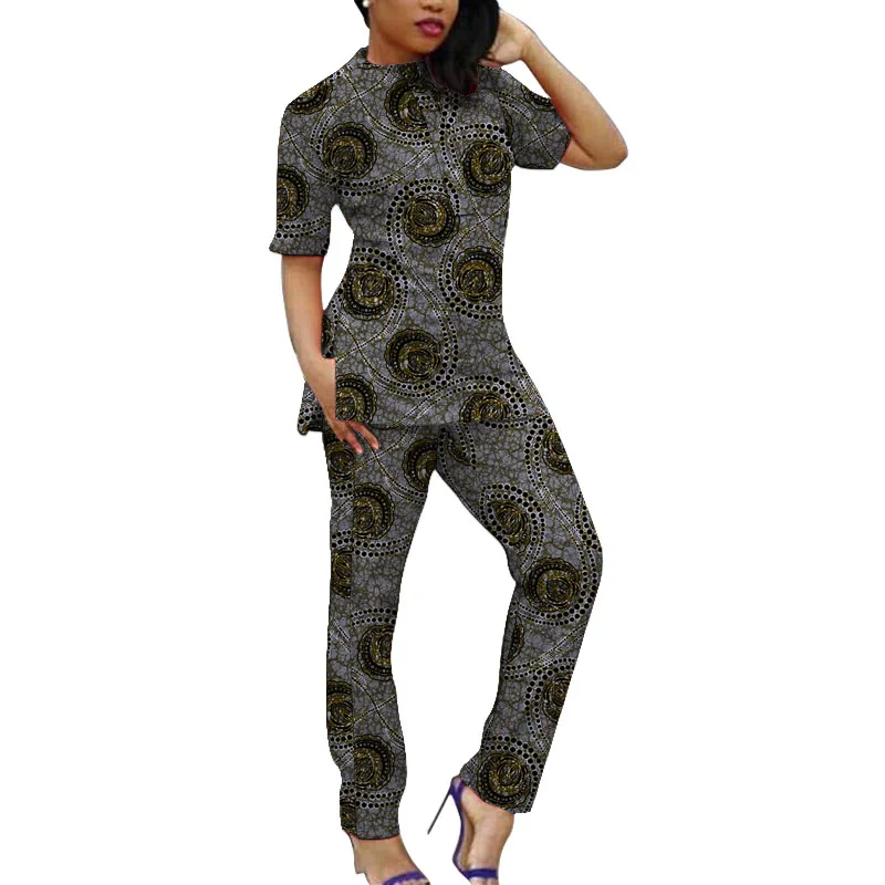 Customize African Suits For Women Short Sleeve Tops Patch Trousers Nigerian Lady's Ankara Outfits Party Wear african patchwork t shirt solid pant short sleeve tops baby pink men s set nigerian fashion wedding outfits