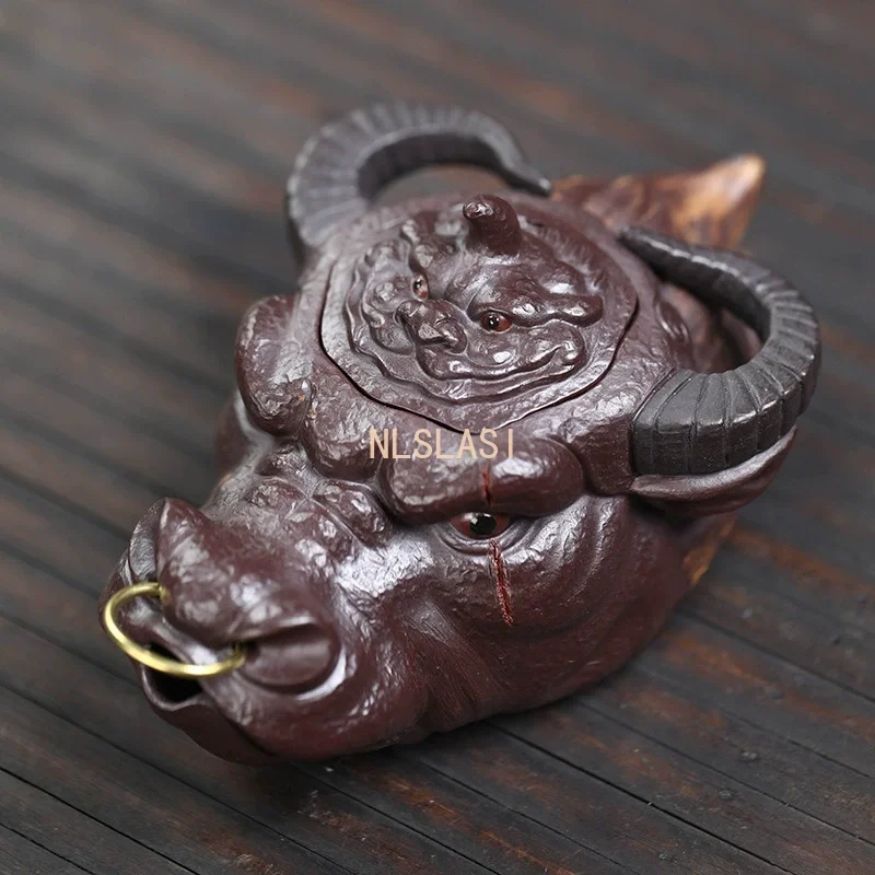 140ml Authentic Yixing Purple Clay Teapots Artists Handmade Ox-head Pot Raw Ore Mud Hand Grab Kettle Zisha Tea Set Collection