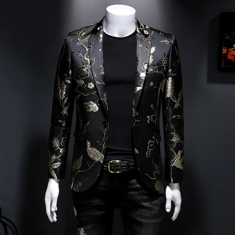 Men Vintage Luxurious Jacquard Floral Suit Jacket Wedding Banquet Club Party Dress Singers Tuxedo Slim Fit Blazers