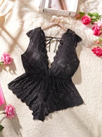 Women Black Pleated Slip Dress Deep V Backless Mesh Babydoll Lingerie Spaghetti Strap Ruffle Hem Bodycon Nightgown Sleepwear - Image 2