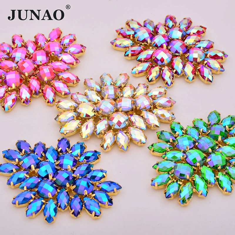 

JUNAO 2pcs 45X59mm Sewing Large Crystal AB Flower Rhinestone Claw Strass With Gold Bottom Flatback Applique For Wedding Dress
